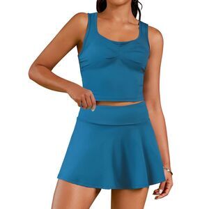 Golf Tennis Skirt Set Dress with Shorts Workout Crop Tank Top Peacock Blue
